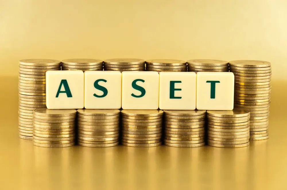Tile letters spelling out the word "asset" on a pile of gold coins